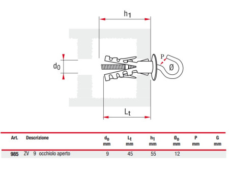 Tassello con gancio ad occhiolo aperto Ø 9 mm