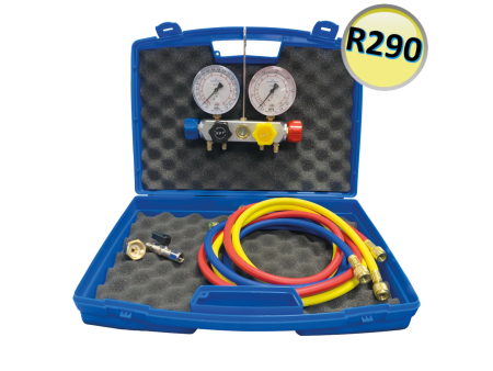 GRUPPO MANOMETRICO PER GAS R290 A 4 VIE COMPLETO DI TUBAZIONI FLESSIBILI DA 1/4'' SAE E RIDUZIONI PER BOMBOLA A2L