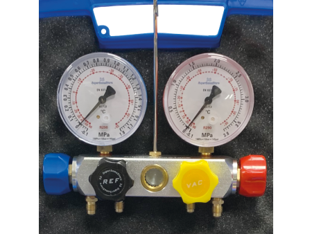 GRUPPO MANOMETRICO PER GAS R290 A 4 VIE COMPLETO DI TUBAZIONI FLESSIBILI DA 1/4'' SAE E RIDUZIONI PER BOMBOLA A2L