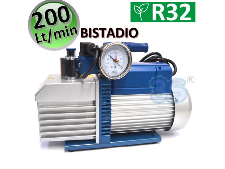 Pompa del vuoto bistadio con elettrovalvola e vacuometro 200 Lt/min per impianti gas R32 R1234YF
