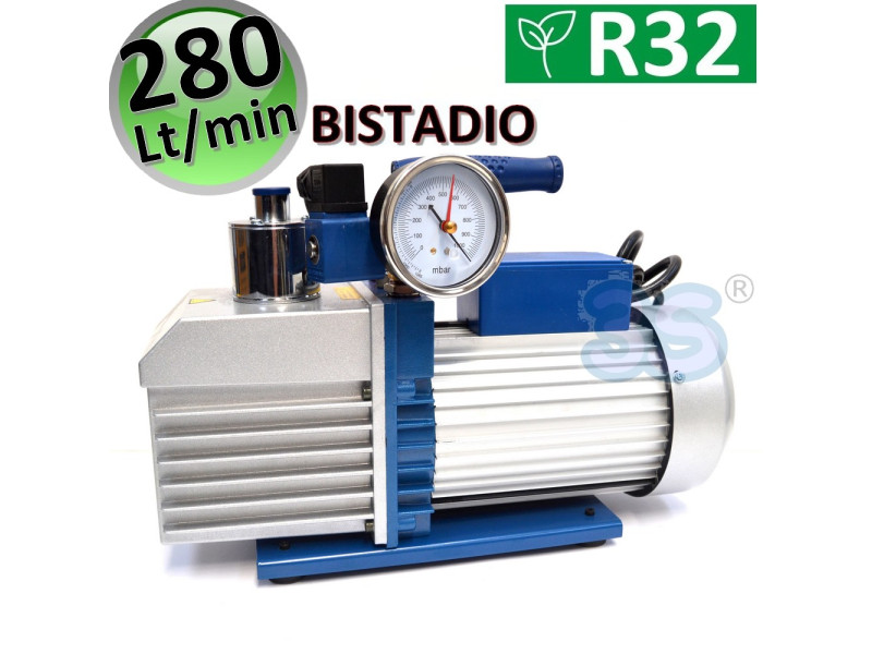 Pompa del vuoto bistadio con elettrovalvola e vacuometro 280 Lt/min per impianti gas R32 R1234YF