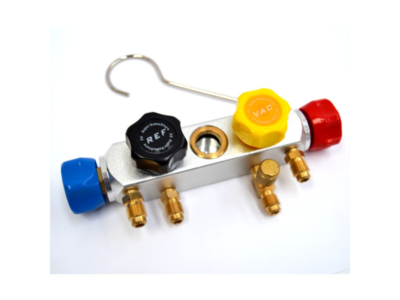 Base in alluminio 4 vie con 4 rubinetti per manometri con gancio