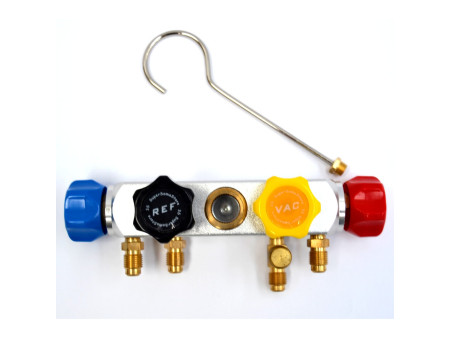 Base in alluminio 4 vie con 4 rubinetti per manometri con gancio