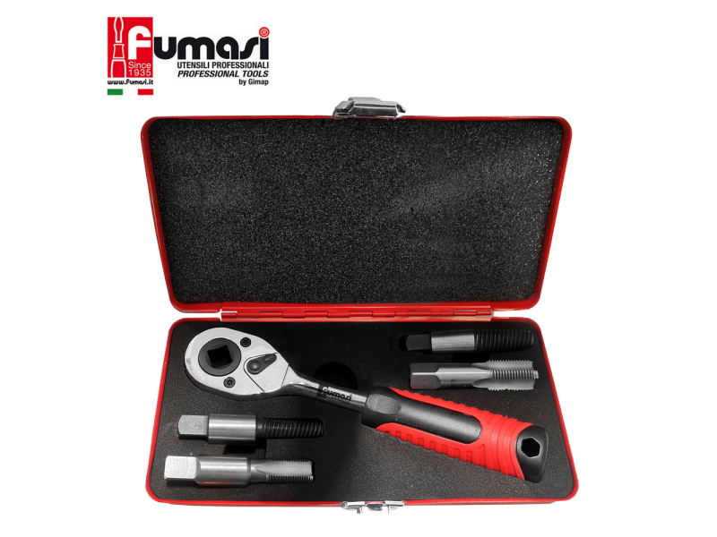 Kit estrattore e maschio per filettatura tubo G 1/2 e 3/8 a cricco reversibile