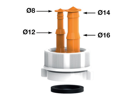 Raccordo per sifone scarico 1''1/4 e 1''1/2 con attacchi portagomma Ø 8-12-14-16 mm